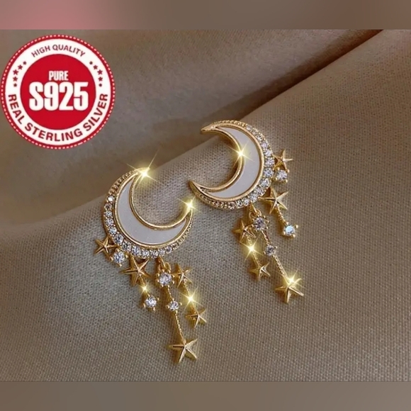 Gold Plated Pearlessent Crescent moon star drop earrings with silver post - Picture 14 of 16